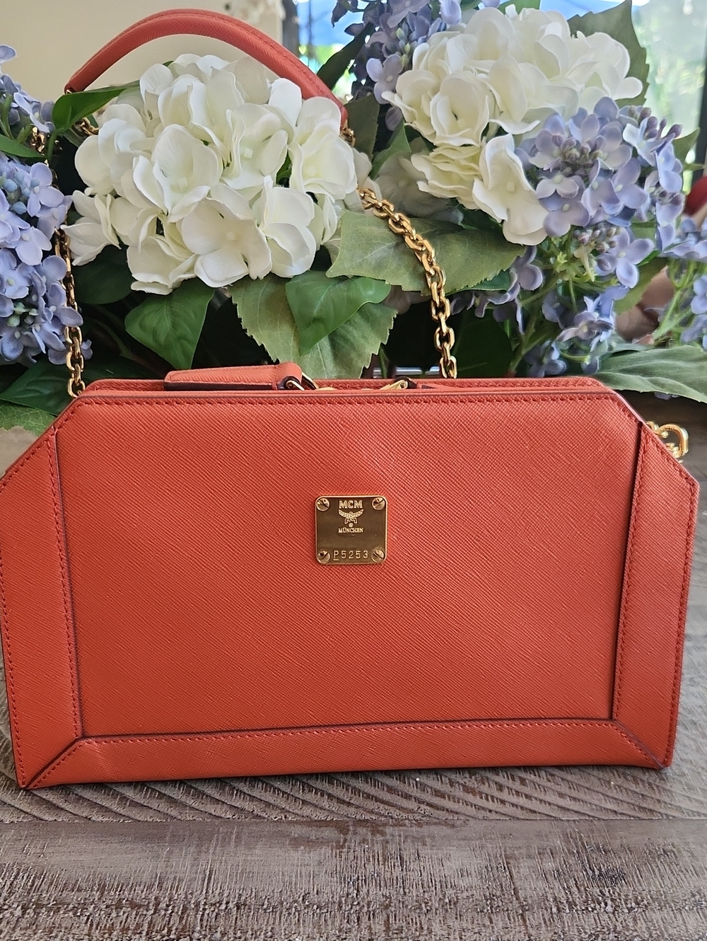 MCM Orange Saffiano Leather Satchel with Gold Chain Accent-FALL!